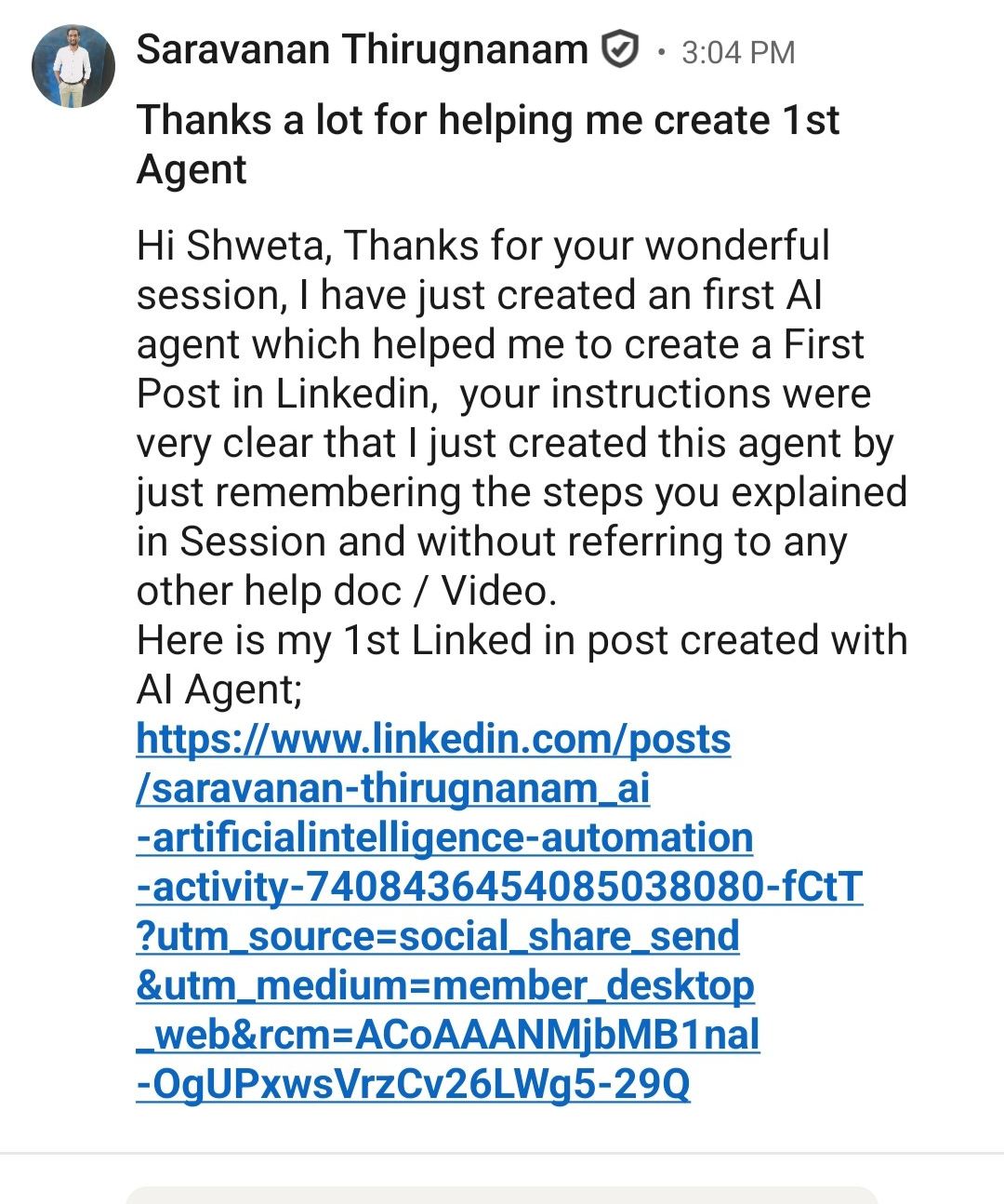 Testimonial from Saravanan Thirugnanam